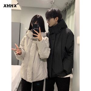 
Gray short hooded cotton coat for men, winter thickened cotton coat, American trendy brand workwear, couple style casual cotton jacket