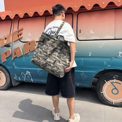 Foggy Camouflage Large Single-Shoulder Tote Bag, Dual-Use, No Logo, Hong Kong Style Canvas Bag for Travel, Shopping, Fitness, and Eco-Friendly