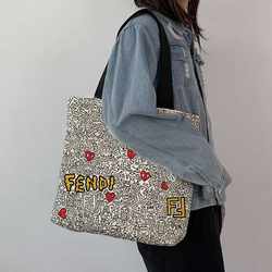 Trendy Graffiti Design Canvas Bag, Chinese Style, Eco-Friendly Shopping Bag, Book Bag for School, Commuting Large-Capacity Bag