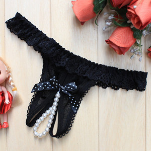 Free shipping sexy underwear female low waist temptation without trace pearl opening transparent T pants lace pants lady underwear

