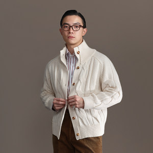 
Ping Yuan Fang Zhong 2026 Spring New Old Money Style White Woolen Jacket Half Turtle Collar Men's Cable Knit Cardigan