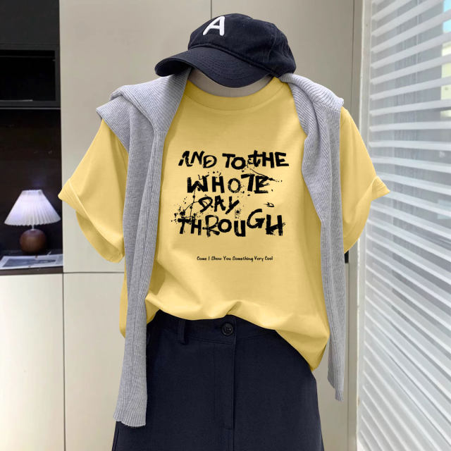 Yellow T-shirt for women's short-sleeved 2025 new summer pen ink letter casual large version loose cotton round neck top trendy