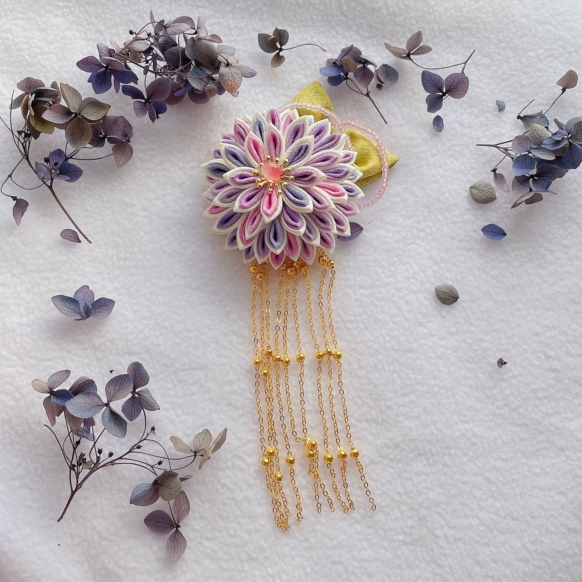 粉紫色剑菊花丸边夹日系和风少女软萌流苏发饰古风