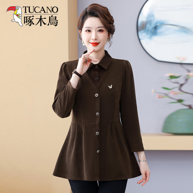 Woodpecker middle-aged and elderly women's mother's clothing long-sleeved splicing fake two-piece age-reducing large size flesh-covering middle-aged shirt top