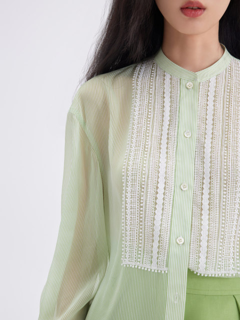OBEG Ou Biqian Little Litto -collar Calmers Striped Shirt Female Summer Air Conditioning Room Thin Shirts 10462095

