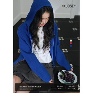 
Wide blue hooded sweater cardigan coat for women 2025 autumn and winter new style red top for small people