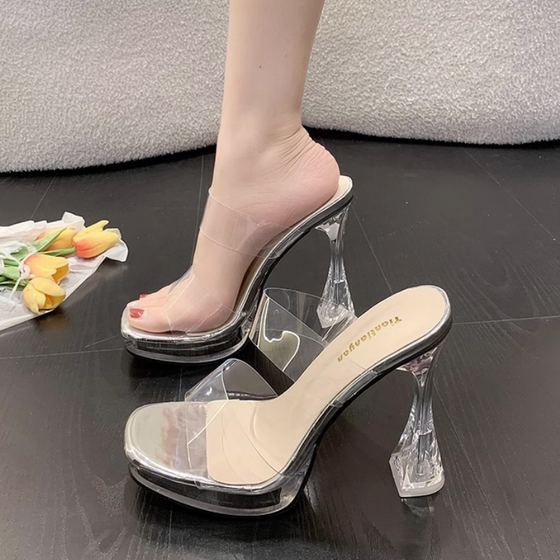 
13CM super high heels, thick heel sandals, sky high T stage catwalk shoes, small transparent crystal pole dancer shoes