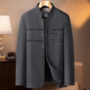 
Men's stand-up collar suit, spring, autumn and winter middle-aged jacket, casual woolen coat, buttoned top, dad's large size