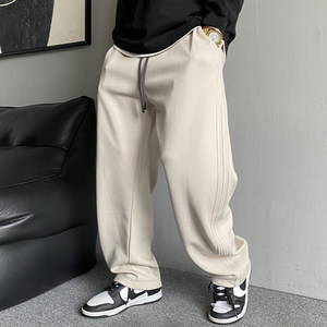 Autumn American casual handsome heavy knitted hoodies for men loose drawstrings versatile high street sports wide-leg pants trendy
