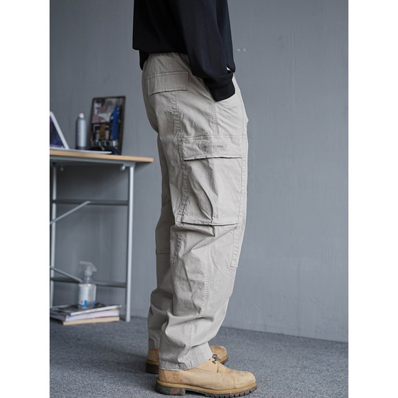 
Autumn American casual handsome heavyweight large pocket overalls men's straight loose drawstring commuting versatile long pants