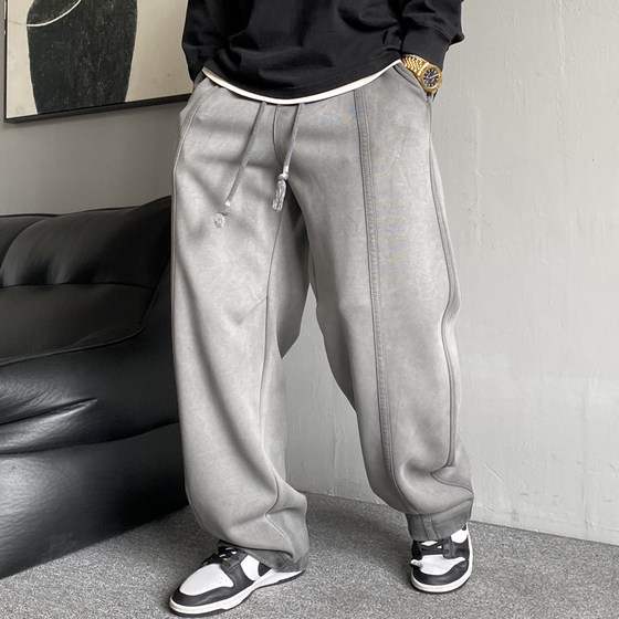 Autumn and winter American casual heavyweight velvet distressed gray sweatpants men's straight loose sports wide-leg pants