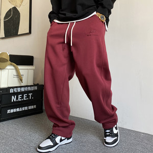 
Spring and autumn American casual high-end burgundy knitted sweatpants men's straight loose drawstring wide-leg sports pants trendy