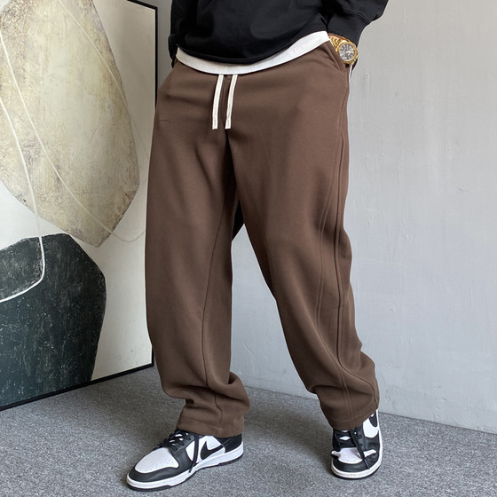 Autumn American leisure and handsome high -end knitted trousers Men's straight tube loose pumping rope wild wide -legged pants tide