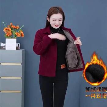 2023 autumn and winter new corduroy mother jacket middle-aged women's solid color fashion plus velvet short cotton jacket top
