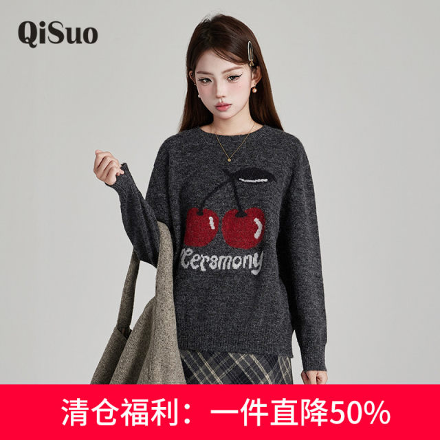 Qiyu's new large size winter new sloping top top female thin and lean mm knitted casual loose long sleeve thick sweater