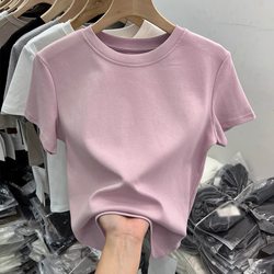 Women's Plain Cotton Short-Sleeve T-Shirt with Brushed Finish, Simple and Stylish, Versatile Top, Thickened Base Layer for Spring, Summer, and Autumn