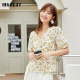 Highday Xuanri summer V-neck texture puff sleeve shirt women's fashionable slim printed short-sleeved top chic