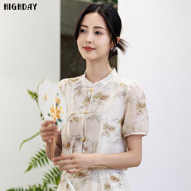 Highday Xuanri 2024 summer short-sleeved gentle top for women new Chinese elegant puff sleeve printed shirt ins
