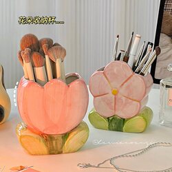 Flower Pen Holder Ceramic Desktop Cute Pen Holder for Girls Office Stationery Storage Rack Creative Ornaments for Kidsren and Students