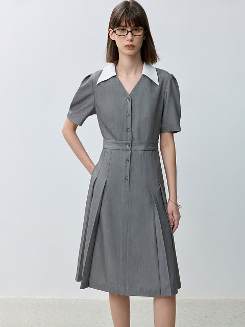 LILY summer new urban commuter pleated skirt contrasting color POLO collar high-end V-neck slim dress