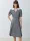 LILY summer new urban commuter pleated skirt contrasting color POLO collar high-end V-neck slim dress