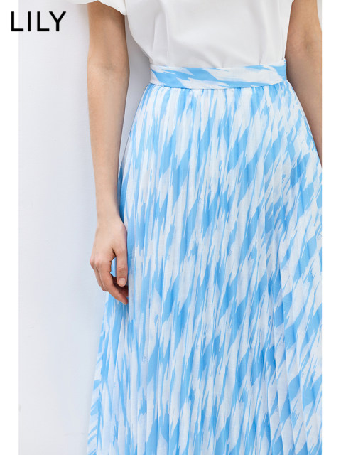 LILY summer new women's clothing, romantic retro print design, elegant high-waisted A-line slim skirt