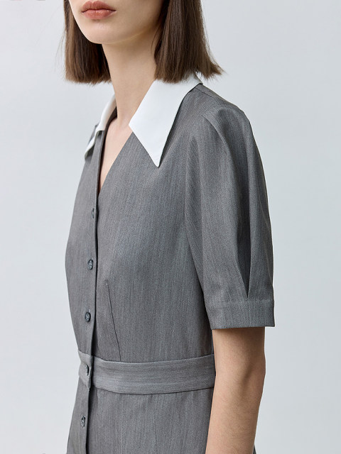 LILY summer new urban commuter pleated skirt contrasting color POLO collar high-end V-neck slim dress