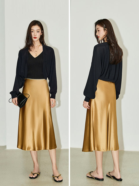 Glitter skirt LILY2025 summer new women's acetic acid blend temperament draped and slim A-line high-waist skirt
