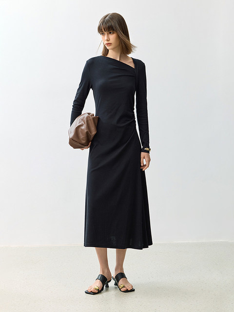 LILY new women's off-shoulder collar slim and slightly pleated slim long-sleeved dress for women