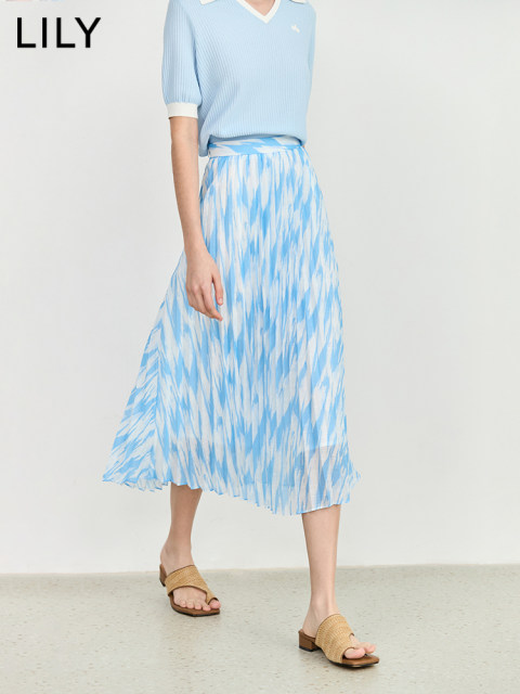 LILY summer new women's clothing, romantic retro print design, elegant high-waisted A-line slim skirt