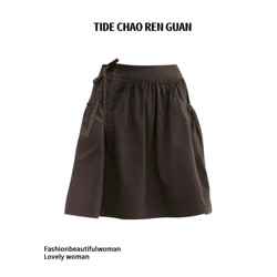 Vintage-Inspired High-Waisted Tie-Up Short Skirt for Women, 2025 Summer New Style, Japanese-Style Pocket Pleated Half Skirt