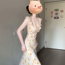 French-Style Yellow Floral Spaghetti Strap Dress for Women, Summer 2026 New Model, Cinched Waist, Beautiful and Stunning, Vacation Style Long Dress