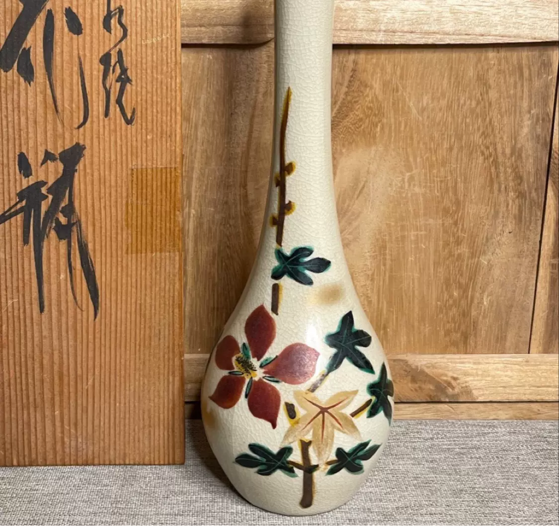 日本九谷花瓶花入花生花器插花陶瓷瓷器鹤首釉上彩手绘花绘画片-Taobao