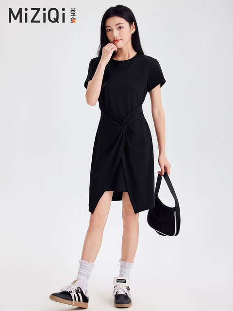 
Miziqi black dress for women short-sleeved 2025 summer new casual versatile slim design A-line mid-length skirt