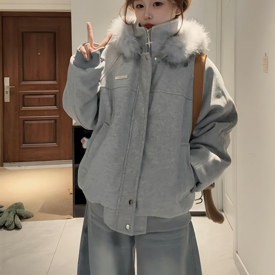 
Gray American retro hooded woolen cotton coat for men and women, winter thickened, high-end, warm, couple cotton coat
