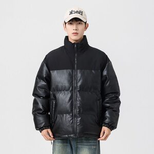 
New couple autumn and winter short leather and cotton coat men's coat spliced cotton coat stand collar Hong Kong style warm bread coat for men