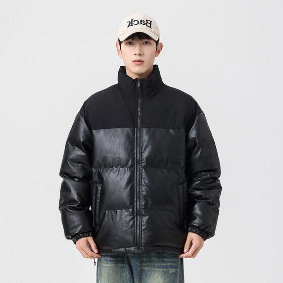 
New couple autumn and winter short leather and cotton coat men's coat spliced cotton coat stand collar Hong Kong style warm bread coat for men