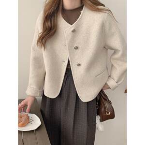 2025 Xiaoxiang style double-sided cashmere coat for women's short temperament Korean round neck wool coat versatile new style