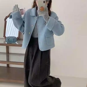 
Korean style doll collar woolen coat for women, short style, age-reducing style, double-sided woolen coat, single-breasted long-sleeved coat