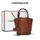 CHREHE/KULRS cowhide woven bucket bag for women 2025 new retro handbag versatile one-shoulder crossbody bag