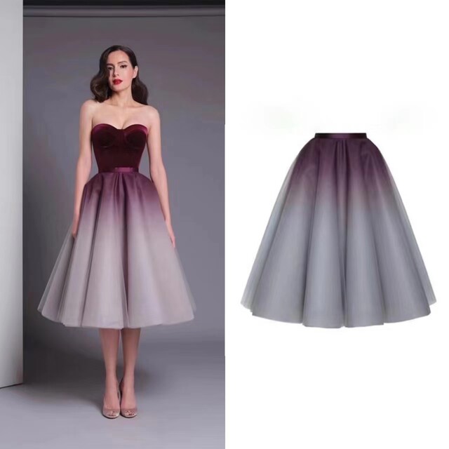 Thai trend brand niche design burgundy gradient A-line high waist large sway puff mesh skirt princess skirt