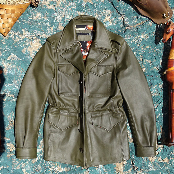 
M43 hunting suit multi-pocket windbreaker version! Dark green hard vegetable tanned cowhide leather genuine leather jacket for men handsome slim men