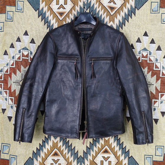 
J100 tea core polished old horse leather genuine leather jacket for men's standing collar simple slim fit and slim can be used as a domestic leather jacket