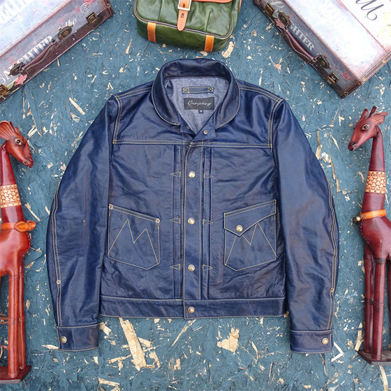 
Mysterious blue vegetable tanned batik unpainted pony leather genuine leather jacket for men American retro ranch denim noble model