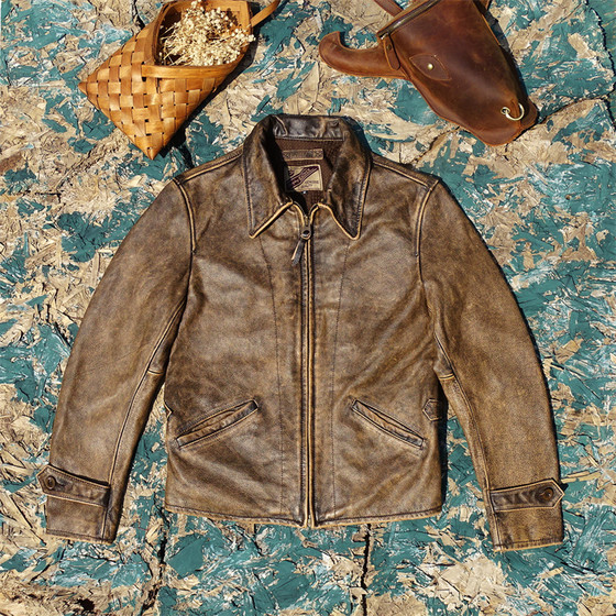 Deppbond style! American-made grain-washed old antique cowhide leather genuine leather jacket for men's lapel casual American style
