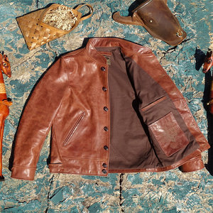 
Einstein style! Qingguoling British Academy style imported oil wax cowhide genuine leather leather jacket for men