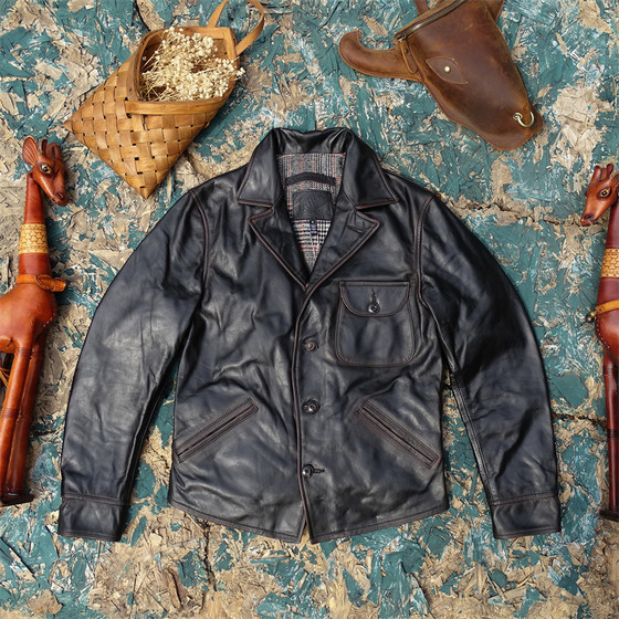 
Softened 1.1mm tea core rubbed old pony leather leather jacket men's four-corner curved placket slim style