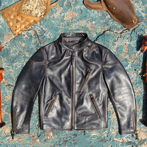 Brand new yellow tea horse skin! American classic imported top layer, brushed color, worn horseskin, genuine leather jacket, men's venom stand collar