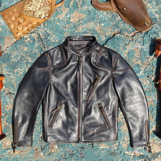 Brand new yellow tea horse skin! American classic imported top layer, brushed color, worn horseskin, genuine leather jacket, men's venom stand collar