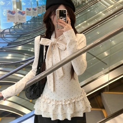 Polka Dot Top for Women, New Winter Style, Ruffled Edge, Bow Tie, Slim Fit, Unique and Beautiful Long-Sleeved T-Shirt for Layering